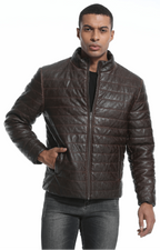 Brown Quilted PU Leather Zip Up Jacket for Men | Everyday Wear