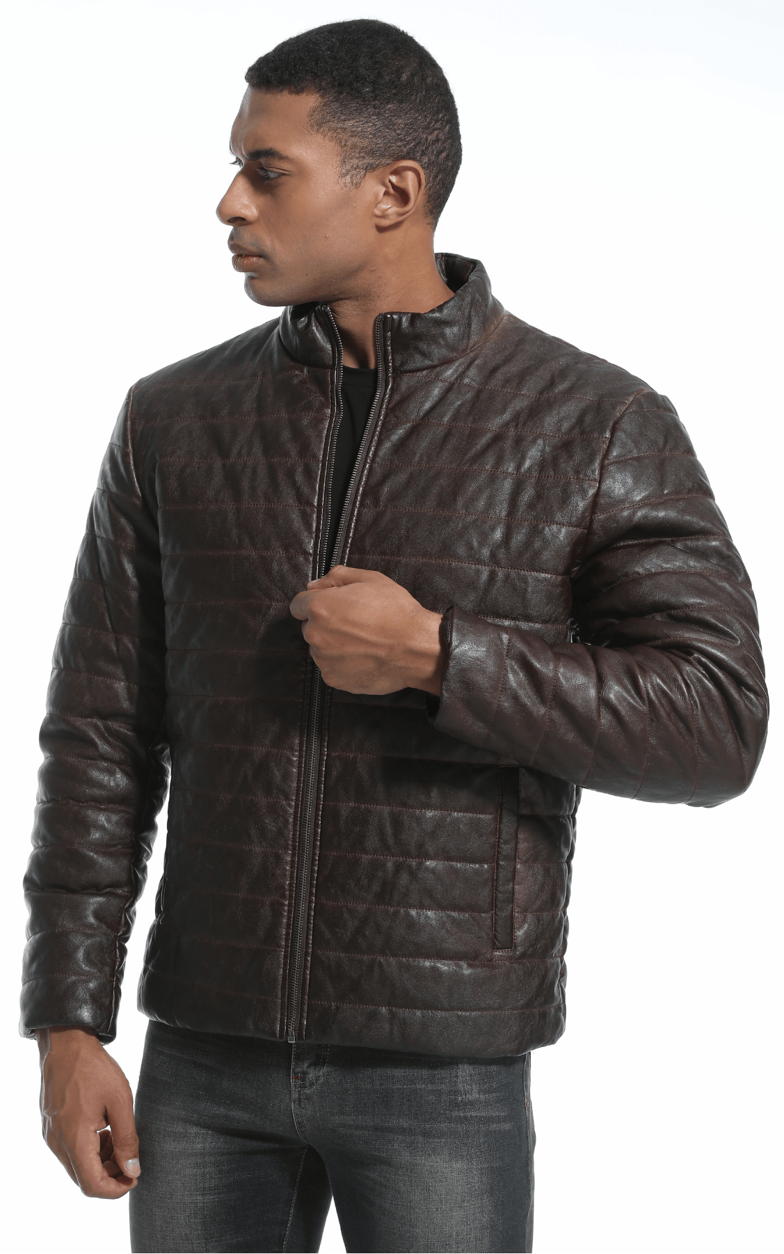 Brown Quilted PU Leather Zip Up Jacket for Men | Everyday Wear