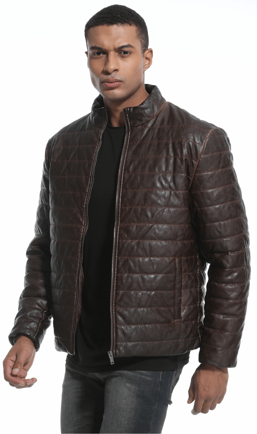 Brown Quilted PU Leather Zip Up Jacket for Men | Everyday Wear