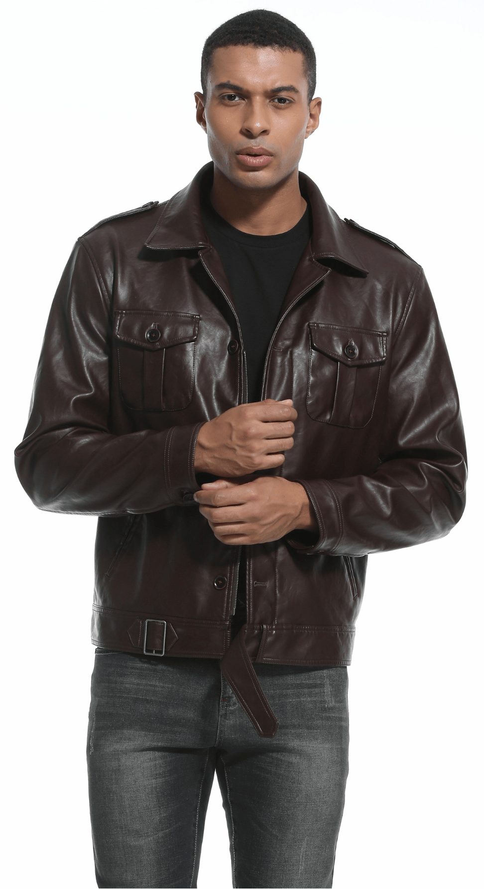 Coffee Brown PU Leather Zip Up Jacket for Men | Casual Wear