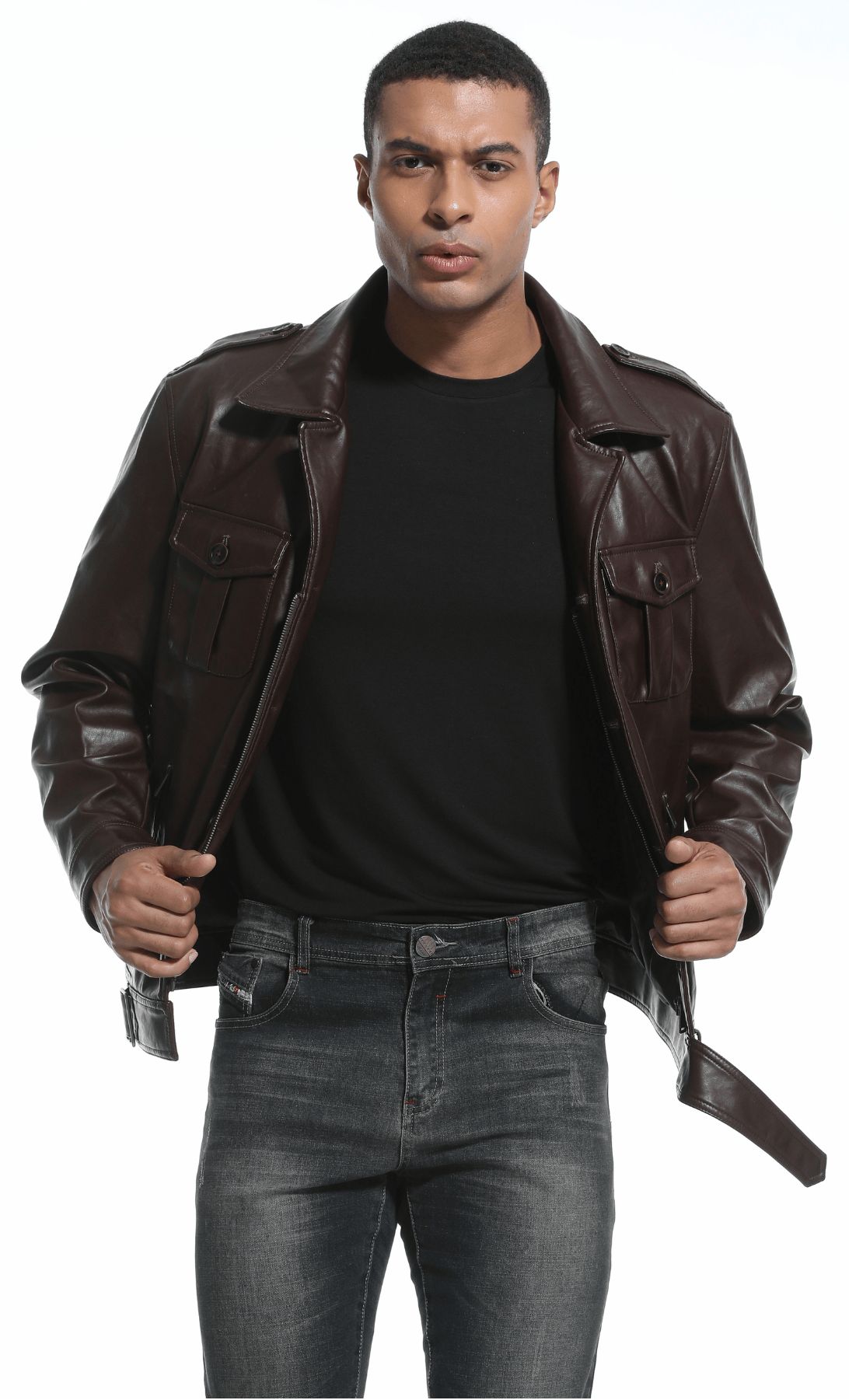 Coffee Brown PU Leather Zip Up Jacket for Men | Casual Wear