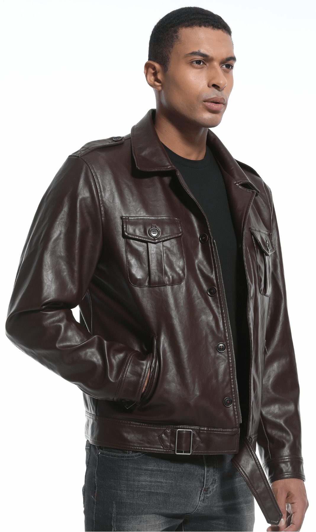 Coffee Brown PU Leather Zip Up Jacket for Men | Casual Wear