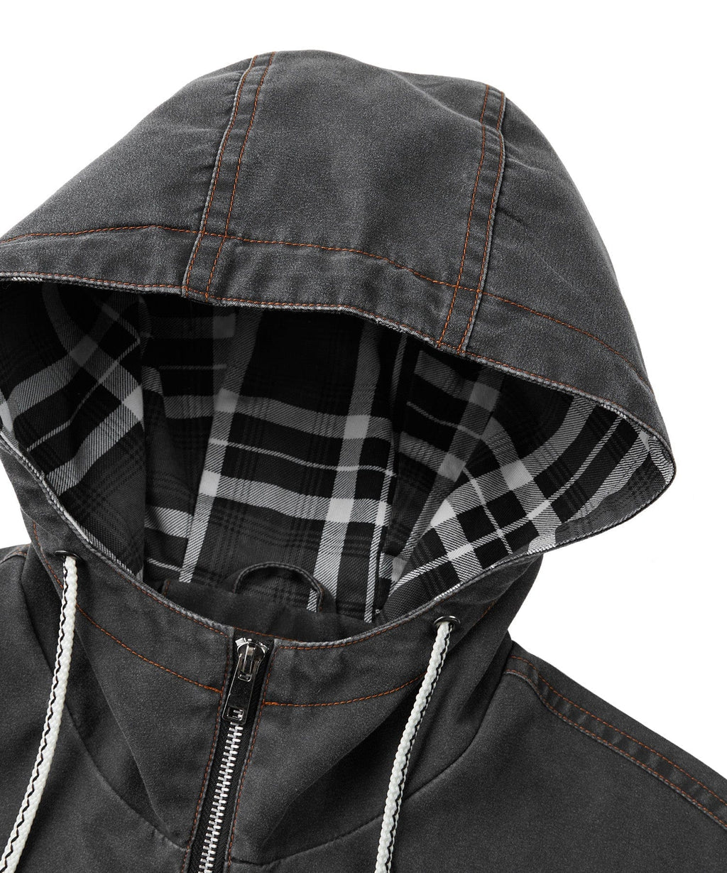 Distressed Canvas Jacket with Plaid Lined Hood for Men | Casual Wear