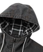Distressed Canvas Jacket with Plaid Lined Hood for Men | Casual Wear