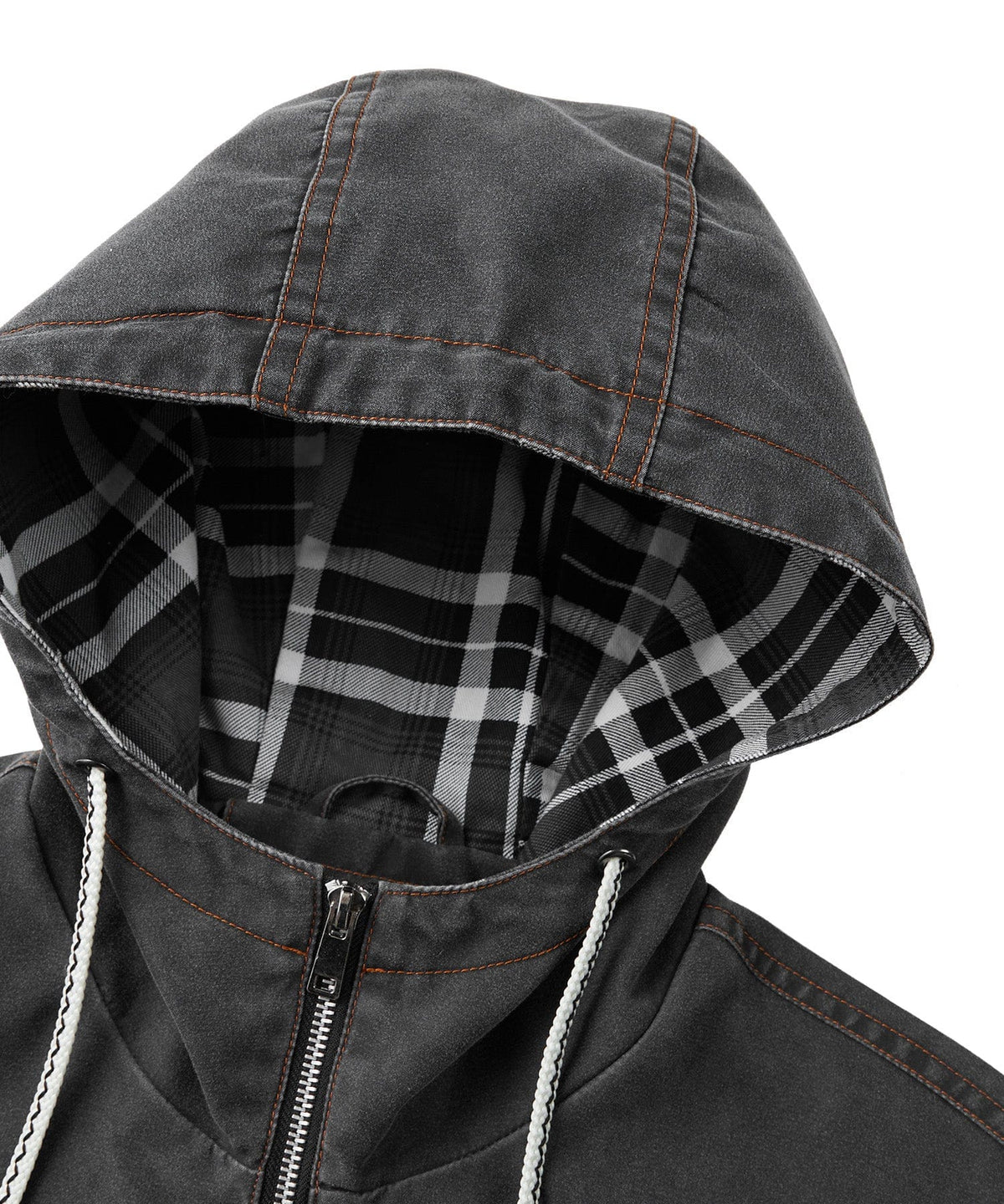 Distressed Canvas Jacket with Plaid Lined Hood for Men | Casual Wear