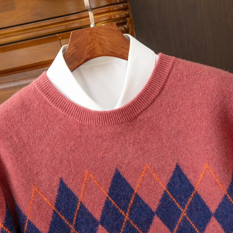 Argyle Pattern Merino Wool Sweater for Men | Casual and Business Wear