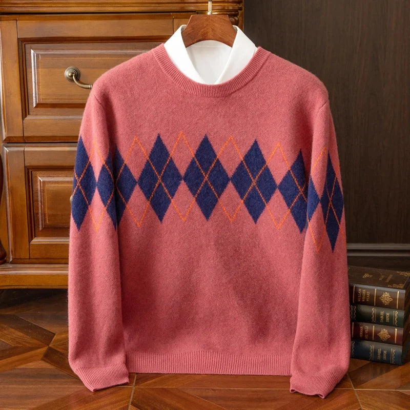 Argyle Pattern Merino Wool Sweater for Men | Casual and Business Wear