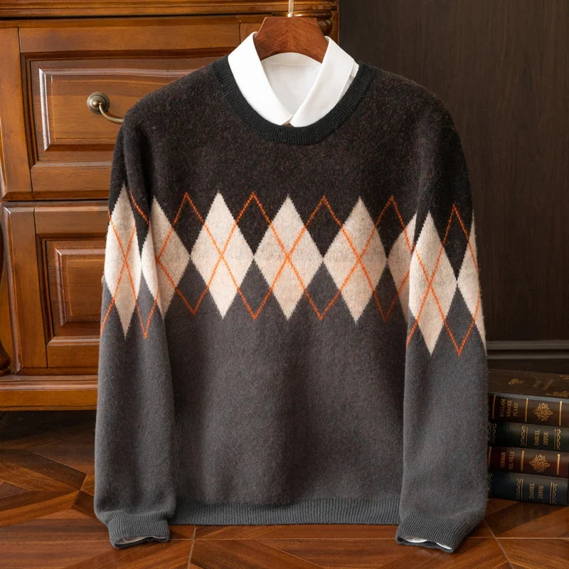 Argyle Pattern Merino Wool Sweater for Men | Casual and Business Wear