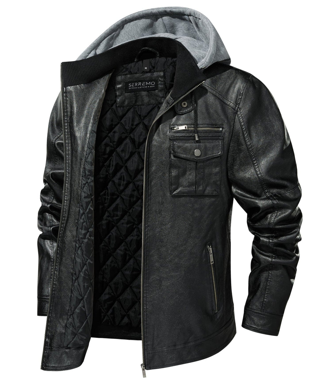 Removable Hood Quilted Lined PU Leather Jacket for Men | Casual Wear