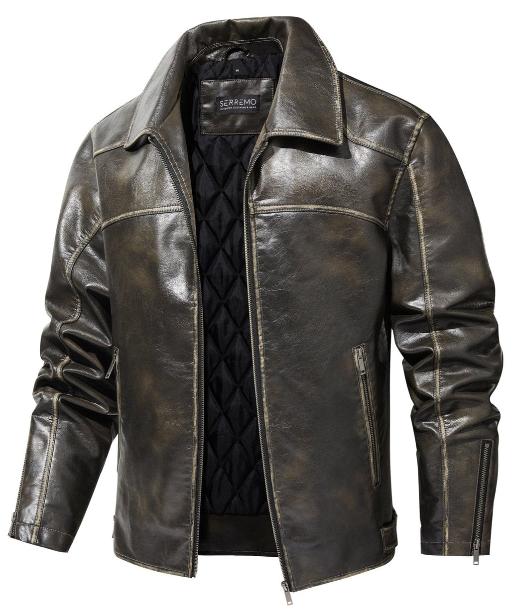 Distressed Finish Zip Pocket PU Leather Jacket for Men | Casual Wear