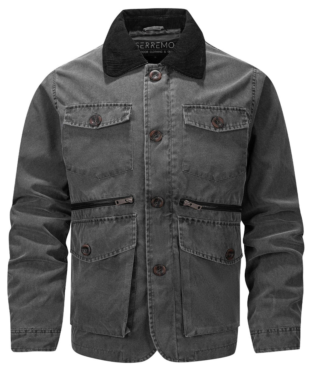 Corduroy Collar Multi Pocket Canvas Utility Jacket for Men | Casual Wear