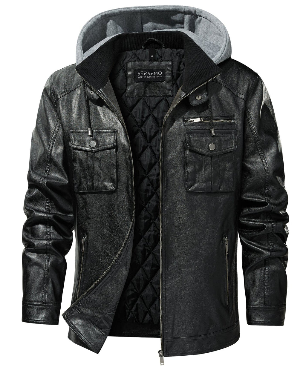 Removable Hood Quilted Lined PU Leather Jacket for Men | Casual Wear