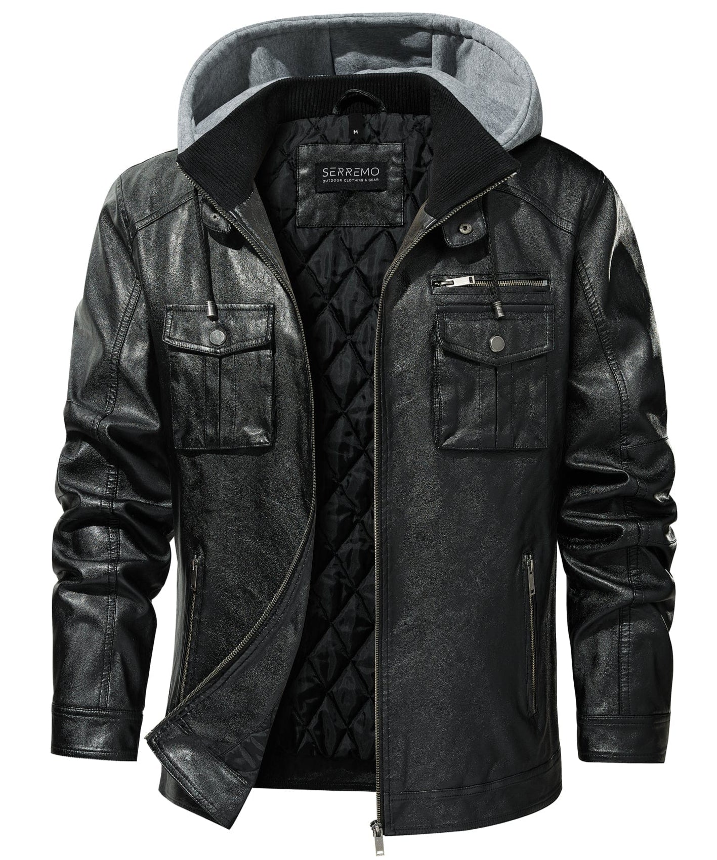 Removable Hood Quilted Lined PU Leather Jacket for Men | Casual Wear