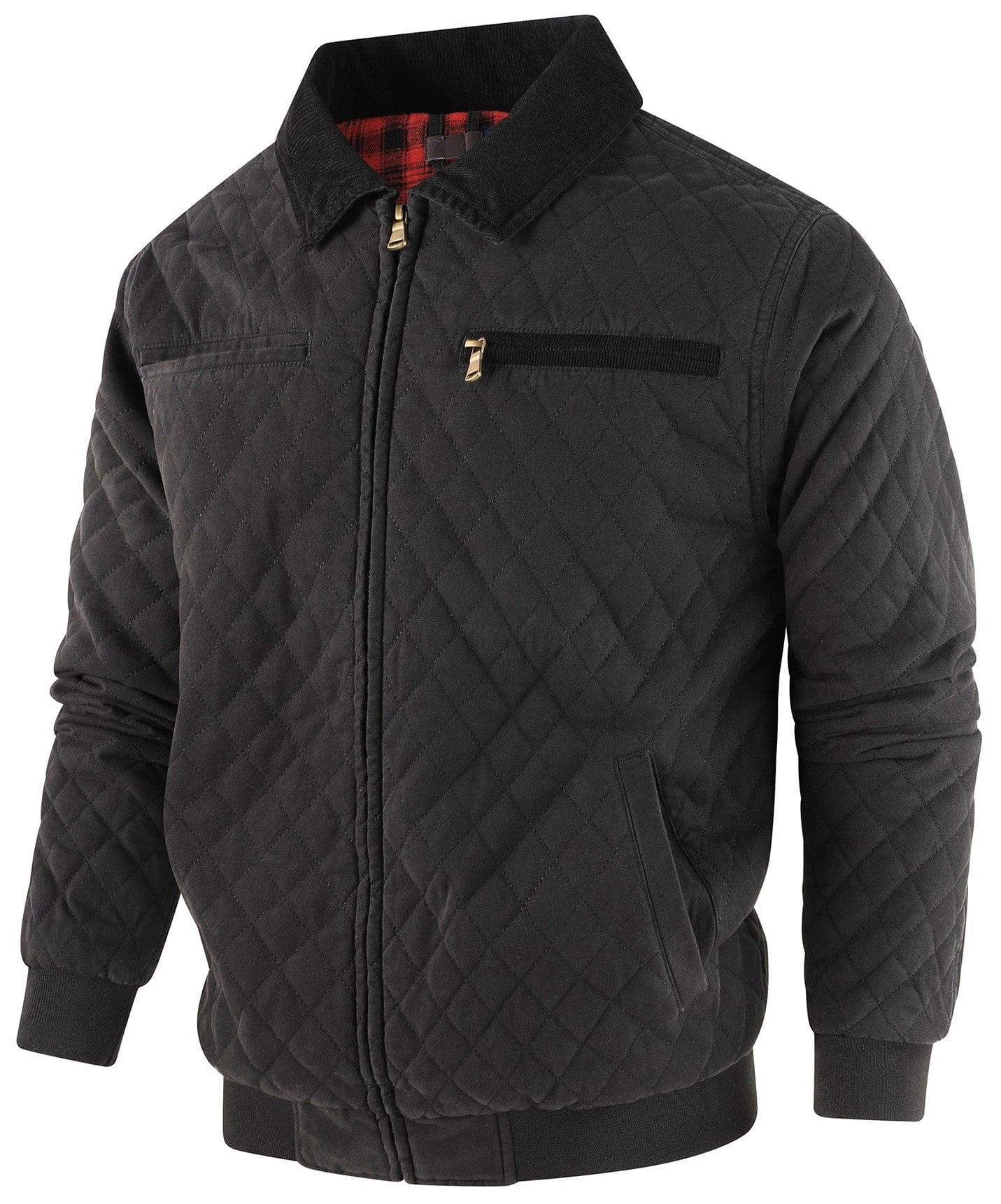 Diamond Quilted Corduroy Collar Zip Bomber Jacket for Men | Layering