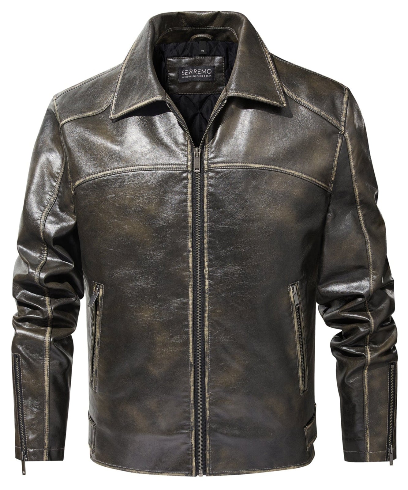 Distressed Finish Zip Pocket PU Leather Jacket for Men | Casual Wear