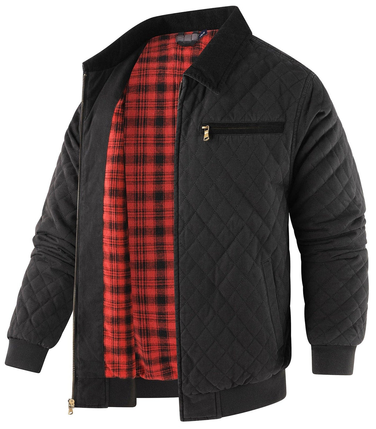Diamond Quilted Corduroy Collar Zip Bomber Jacket for Men | Layering