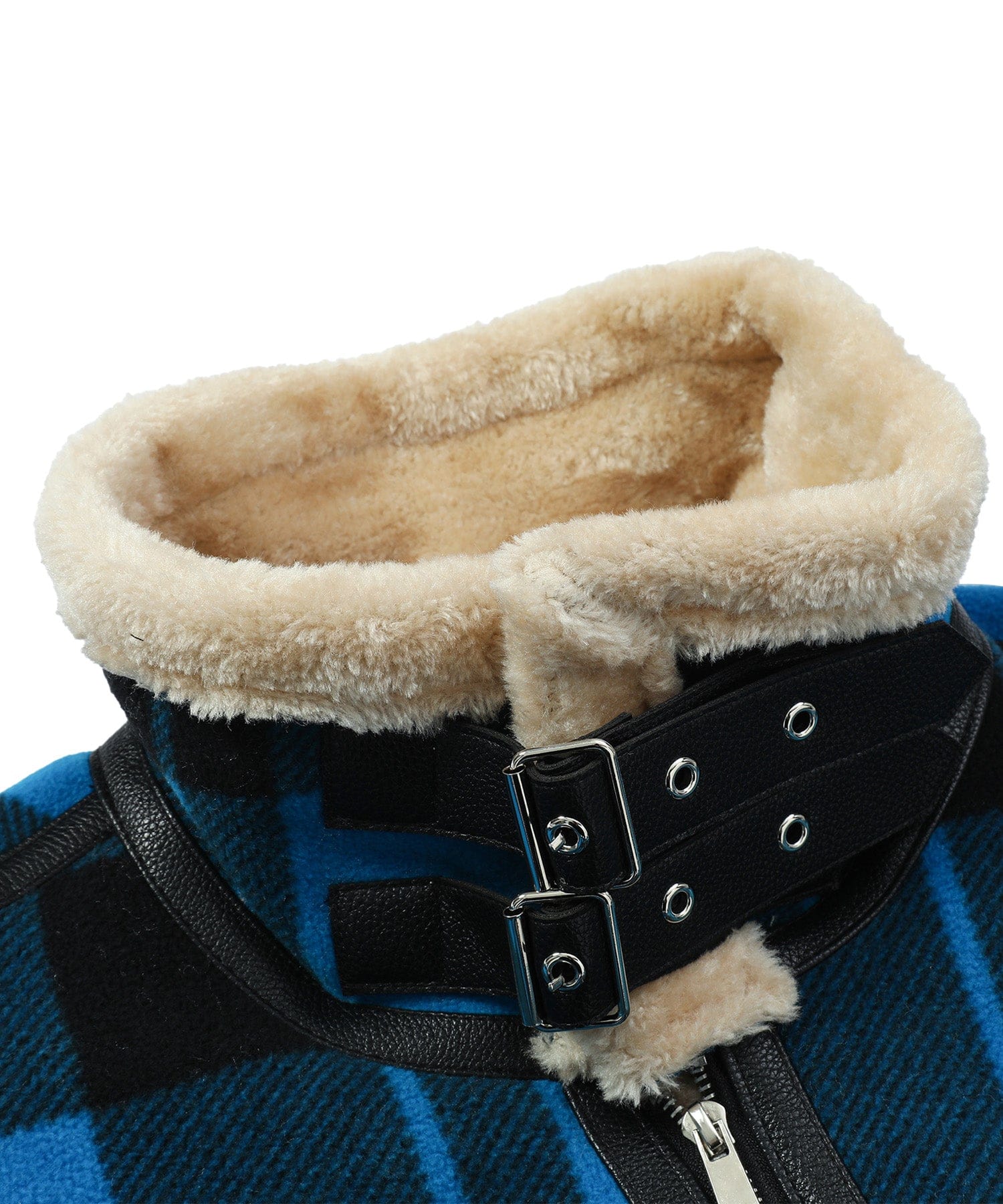 Blue Plaid Faux Shearling Lined Zip Front Jacket for Men | Winter Outerwear