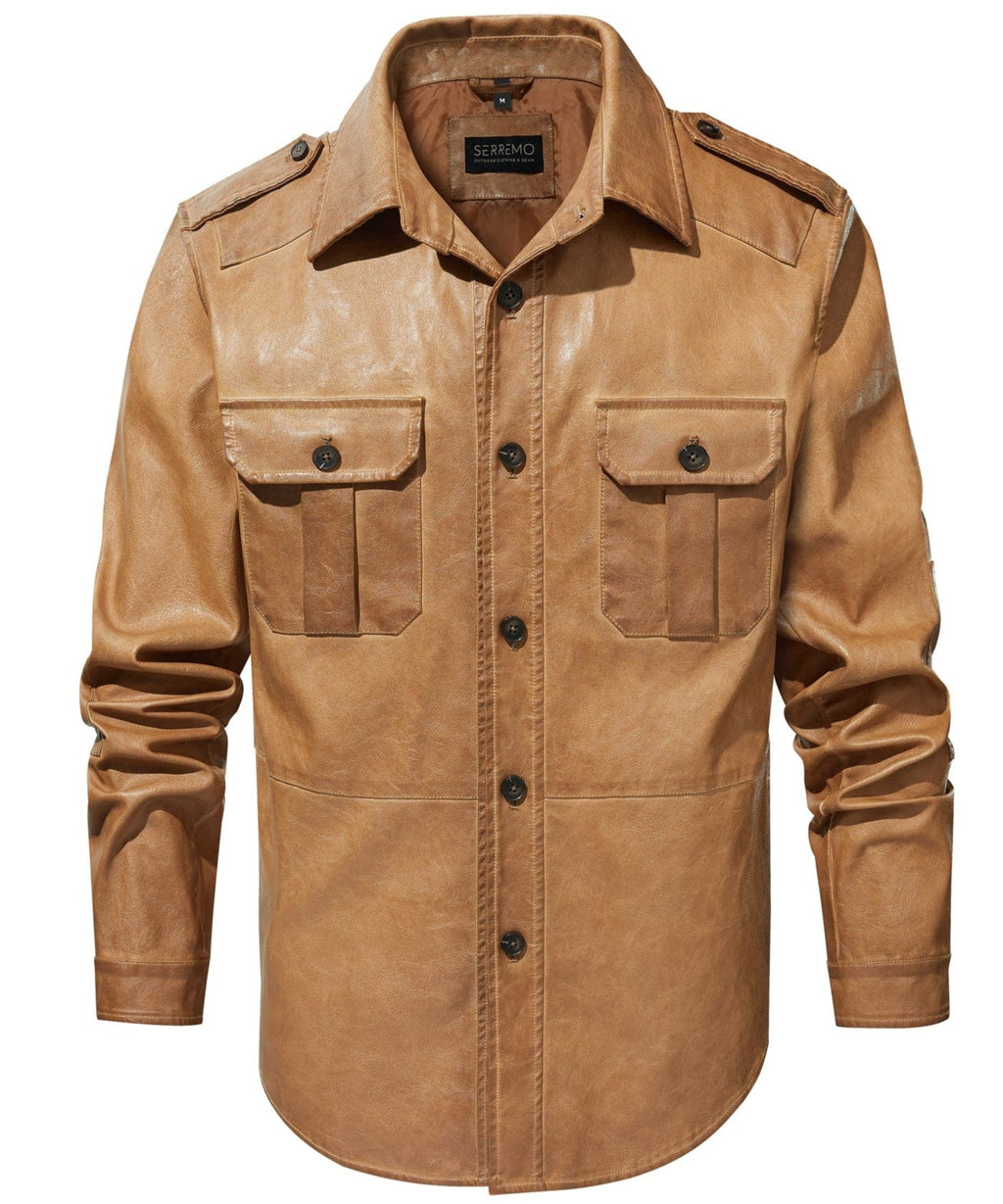 Four Pocket Epaulette Field Style PU Leather Jacket for Men | Everyday Wear