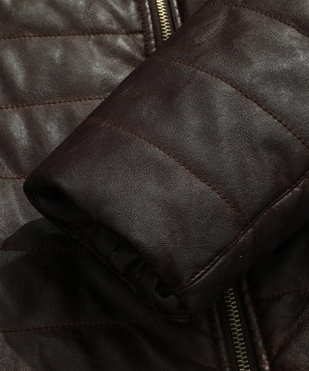 Brown Quilted PU Leather Zip Up Jacket for Men | Everyday Wear