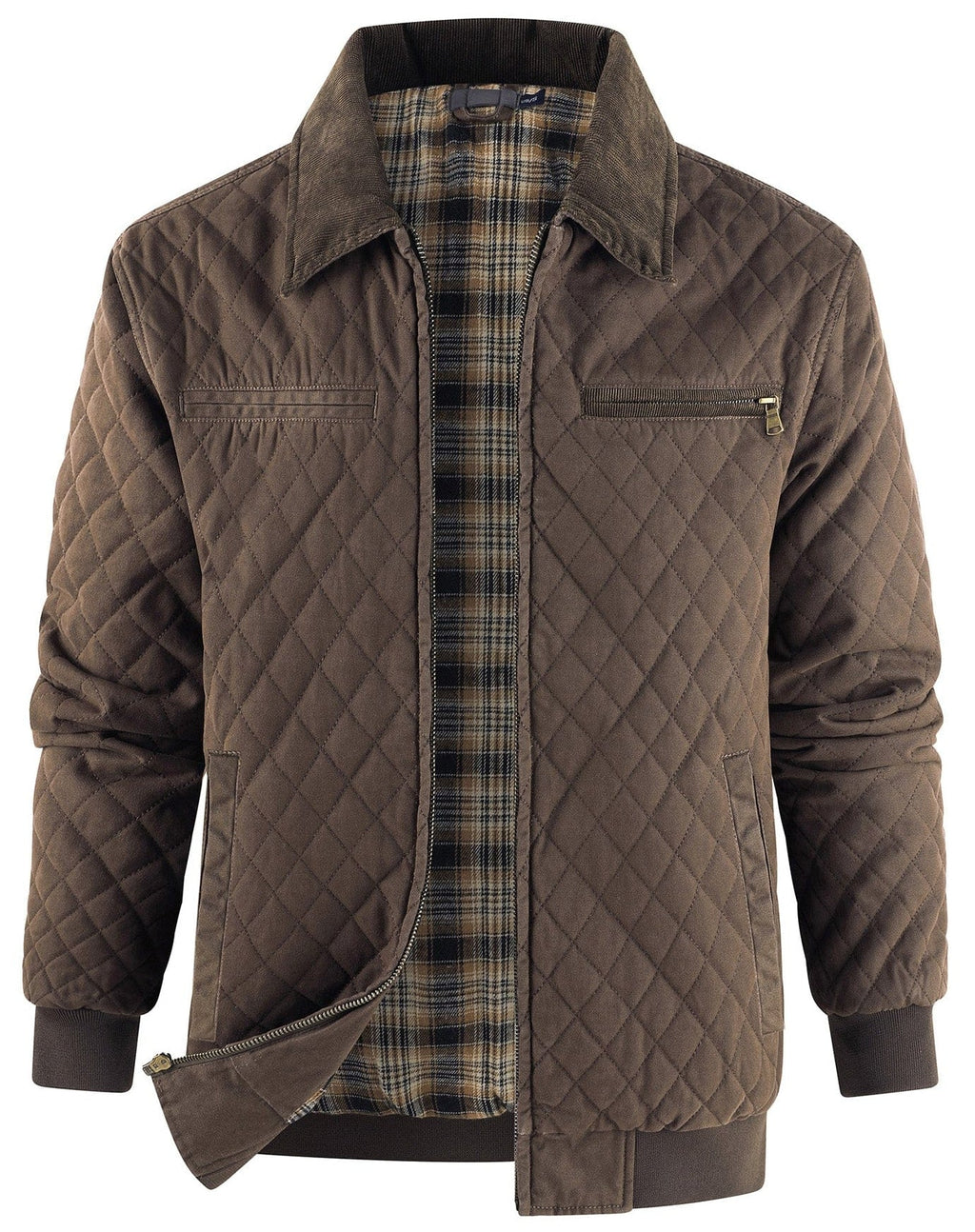 Diamond Quilted Corduroy Collar Zip Bomber Jacket for Men | Layering