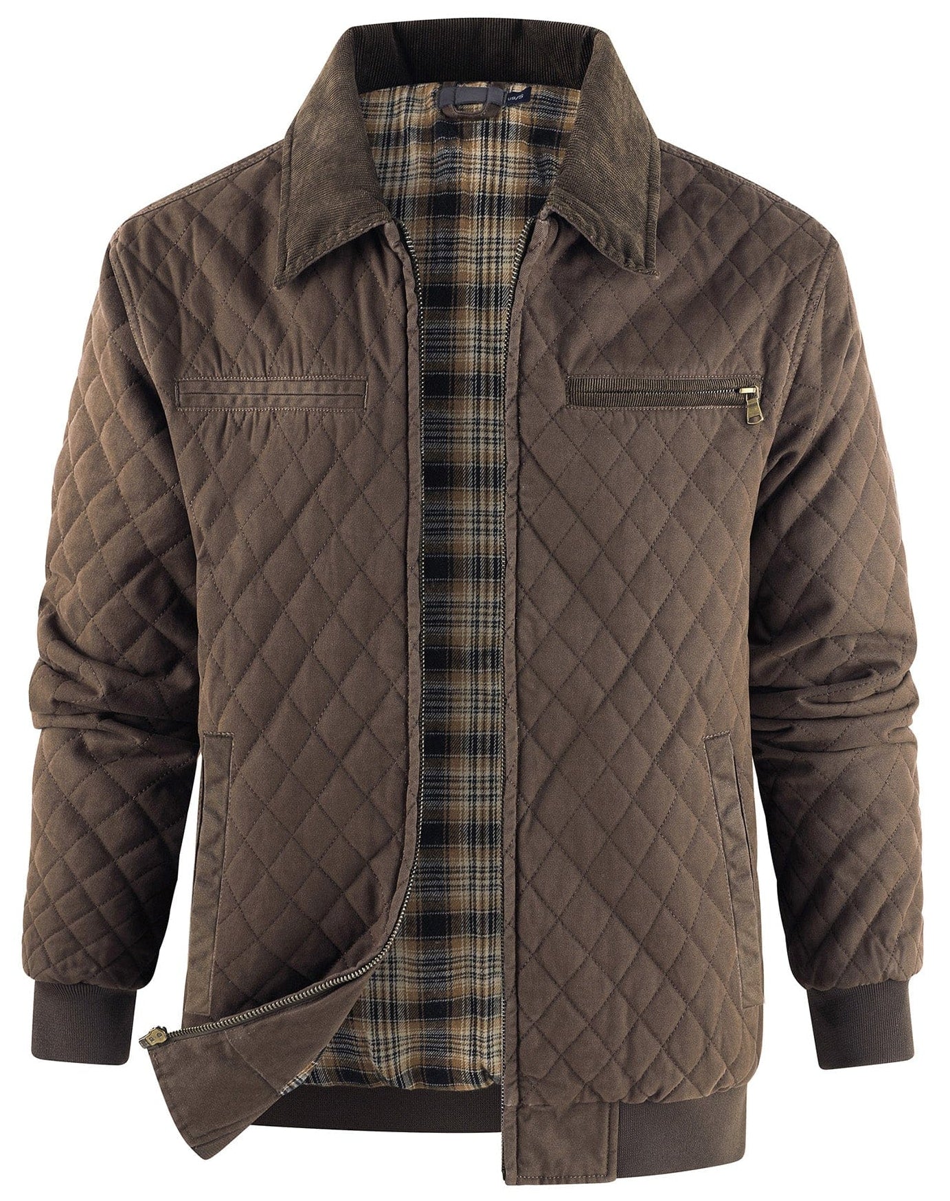 Diamond Quilted Corduroy Collar Zip Bomber Jacket for Men | Layering