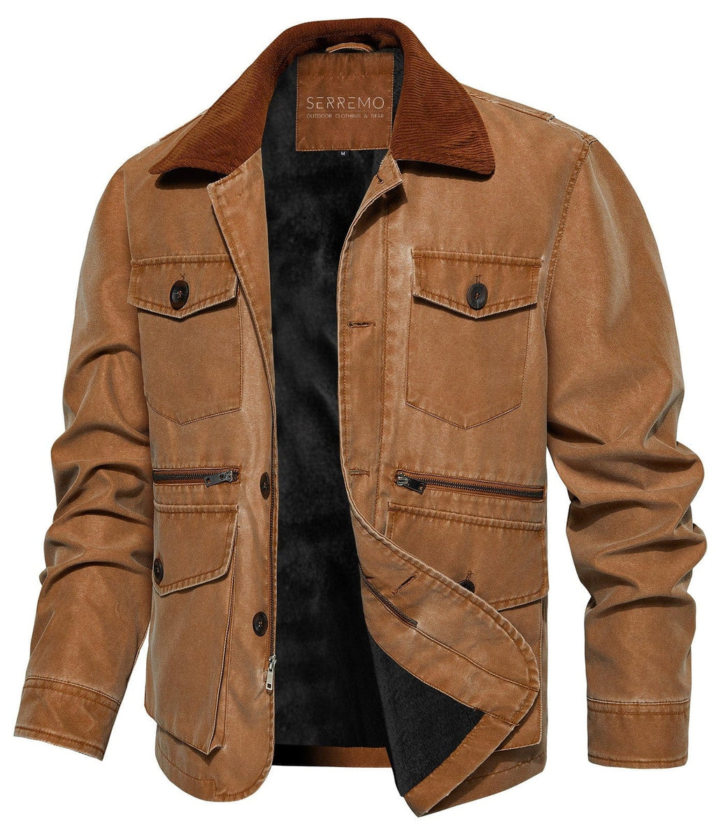 Corduroy Collar Multi Pocket Canvas Utility Jacket for Men | Casual Wear