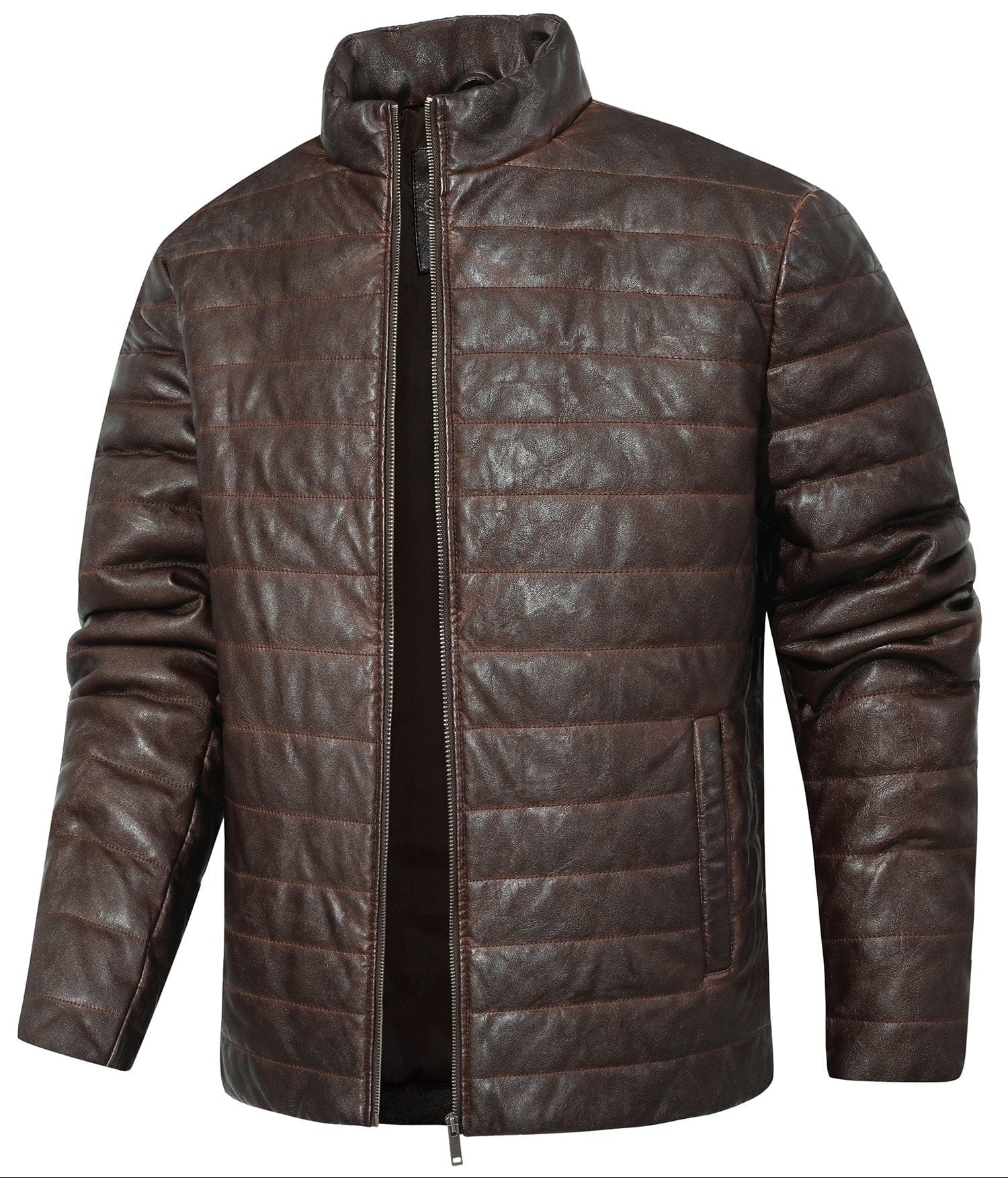 Brown Quilted PU Leather Zip Up Jacket for Men | Everyday Wear