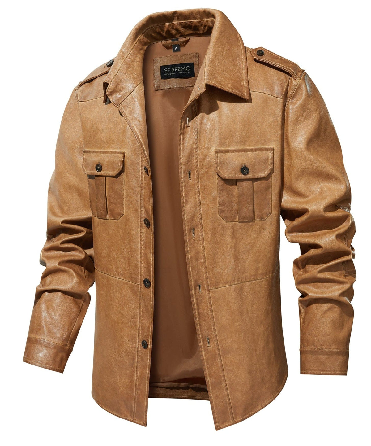 Four Pocket Epaulette Field Style PU Leather Jacket for Men | Everyday Wear