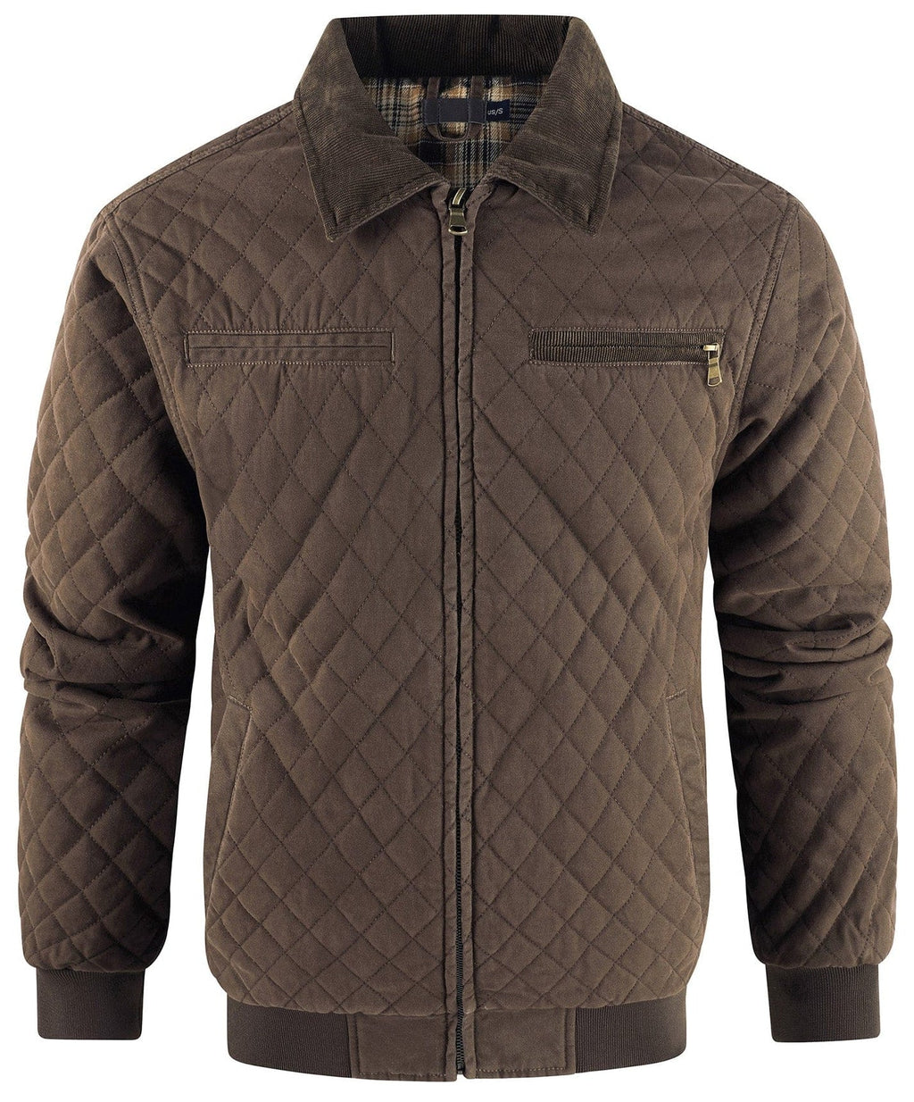 Diamond Quilted Corduroy Collar Zip Bomber Jacket for Men | Layering