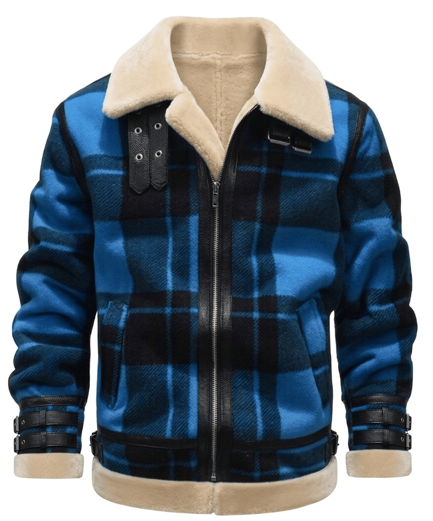 Blue Plaid Faux Shearling Lined Zip Front Jacket for Men | Winter Outerwear