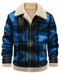 Blue Plaid Faux Shearling Lined Zip Front Jacket for Men | Winter Outerwear