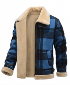 Blue Plaid Faux Shearling Lined Zip Front Jacket for Men | Winter Outerwear