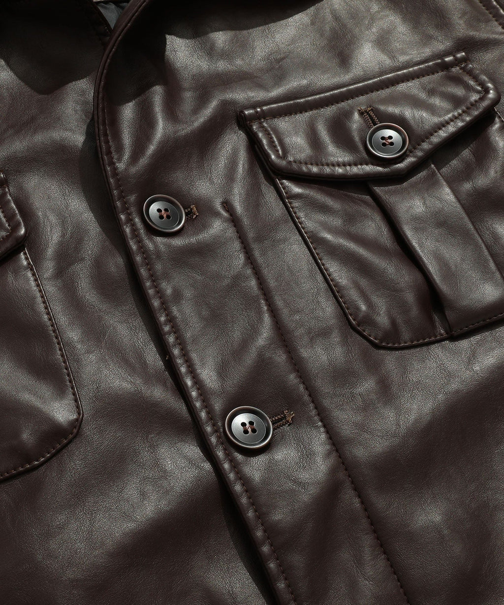 Coffee Brown PU Leather Zip Up Jacket for Men | Casual Wear