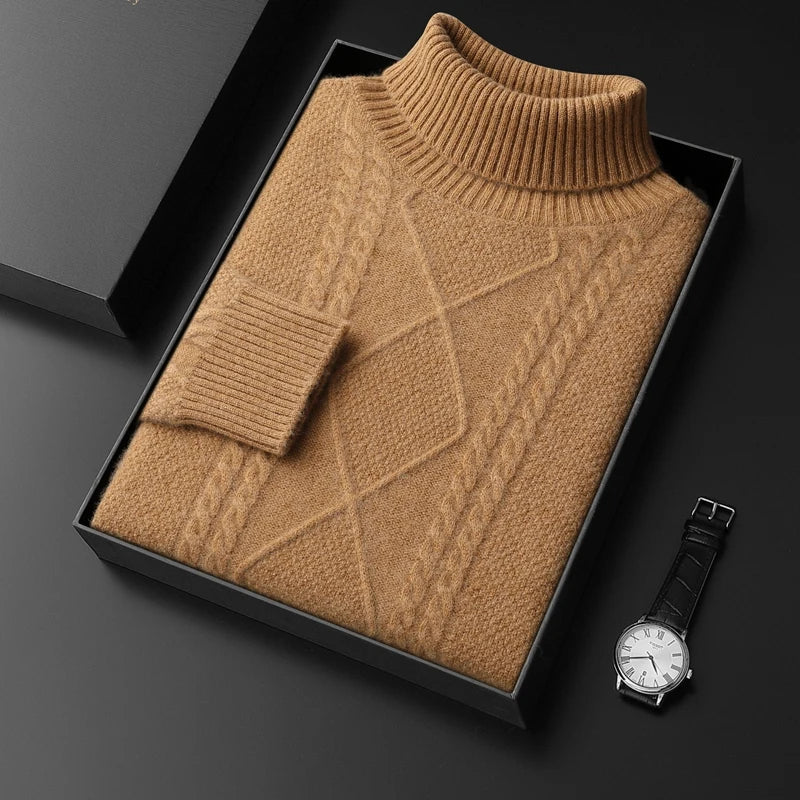 Cable Knit Cashmere Turtleneck Sweater for Men | Winter Layering