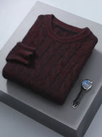 Cable Knit Pure Cashmere Round Neck Sweater for Men | Smart Casual Wear