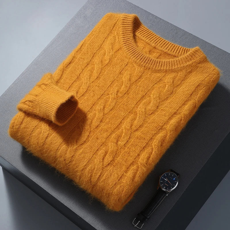 Cable Knit Pure Cashmere Round Neck Sweater for Men | Smart Casual Wear