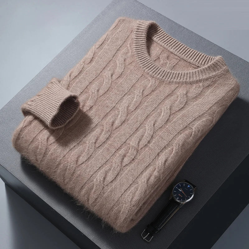 Cable Knit Pure Cashmere Round Neck Sweater for Men | Smart Casual Wear
