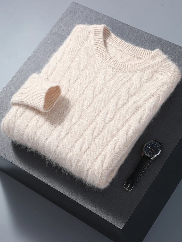 Cable Knit Pure Cashmere Round Neck Sweater for Men | Smart Casual Wear