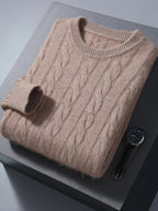 Cable Knit Pure Cashmere Round Neck Sweater for Men | Smart Casual Wear