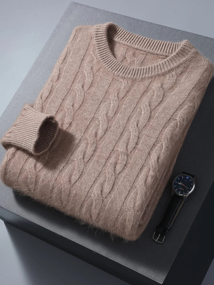 Cable Knit Pure Cashmere Round Neck Sweater for Men | Smart Casual Wear