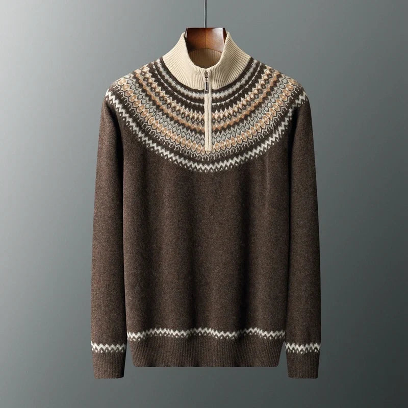 Fair Isle Yoke Quarter Zip Cashmere Blend Sweater for Men | Winter Layering