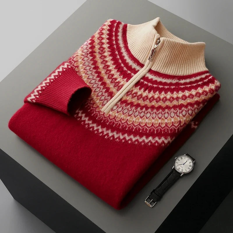 Fair Isle Yoke Quarter Zip Cashmere Blend Sweater for Men | Winter Layering