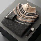Fair Isle Yoke Quarter Zip Cashmere Blend Sweater for Men | Winter Layering