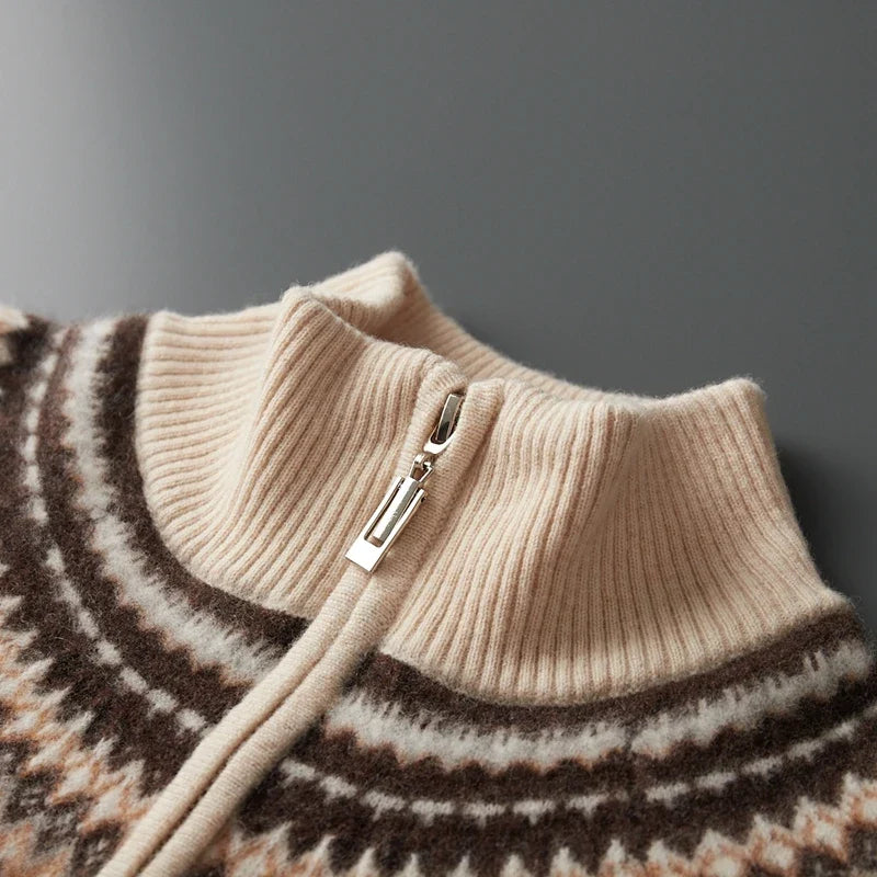 Fair Isle Yoke Quarter Zip Cashmere Blend Sweater for Men | Winter Layering