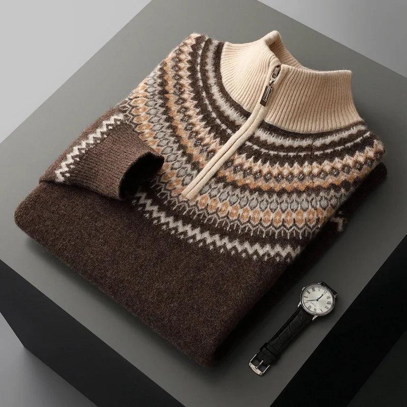Fair Isle Yoke Quarter Zip Cashmere Blend Sweater for Men | Winter Layering