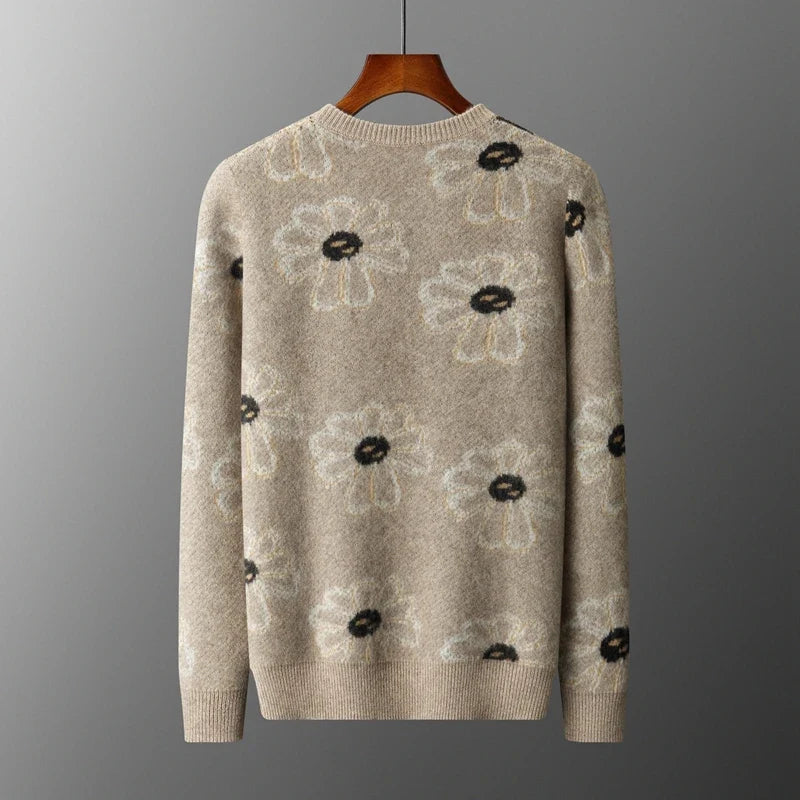Floral Pattern Cashmere Blend Knit Sweater for Men | Casual Wear