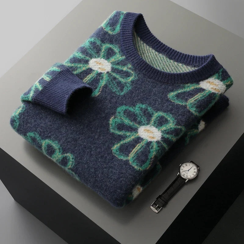 Floral Pattern Cashmere Blend Knit Sweater for Men | Casual Wear