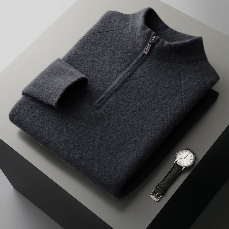 Pure Cashmere Half Zip Mock Neck Sweater for Men | Smart Casual Wear