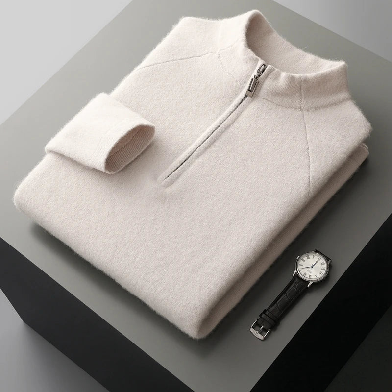 Pure Cashmere Half Zip Mock Neck Sweater for Men | Smart Casual Wear