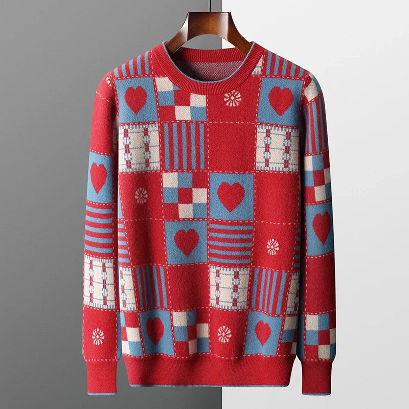Heart Print Patchwork Cashmere Sweater for Men | Casual Wear